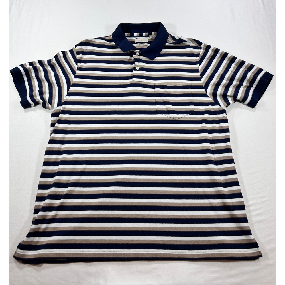 Natural Issue Perform Dri Polo Shirt Mens XL Blue Tan Striped Short Sleeve